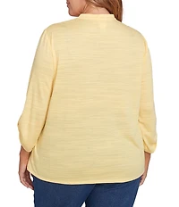 Ruby Rd. Plus Size Knit Embroidery V-Neck 3/4 Roll-Tab Sleeve Top