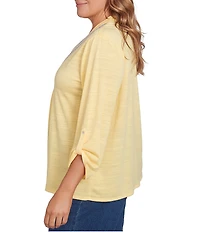 Ruby Rd. Plus Size Knit Embroidery V-Neck 3/4 Roll-Tab Sleeve Top