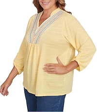 Ruby Rd. Plus Size Knit Embroidery V-Neck 3/4 Roll-Tab Sleeve Top