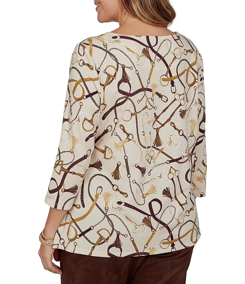 Ruby Rd. Plus Size Knit Equestrian Tassel Allover Print Boat Neck 3/4 Sleeve Top