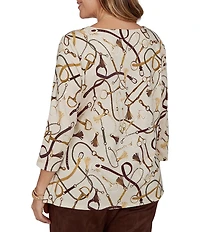 Ruby Rd. Plus Size Knit Equestrian Tassel Allover Print Boat Neck 3/4 Sleeve Top