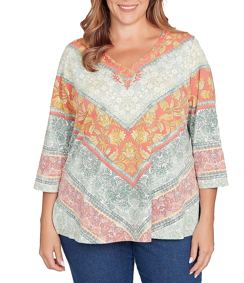 Ruby Rd. Plus Size Knit Floral Chevron V-Neck 3/4 Sleeve Top