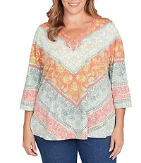 Ruby Rd. Plus Size Knit Floral Chevron V-Neck 3/4 Sleeve Top