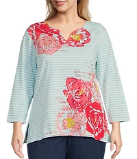 Ruby Rd. Plus Size Knit Floral Embroidered Split Neck 3/4 Sleeve Top
