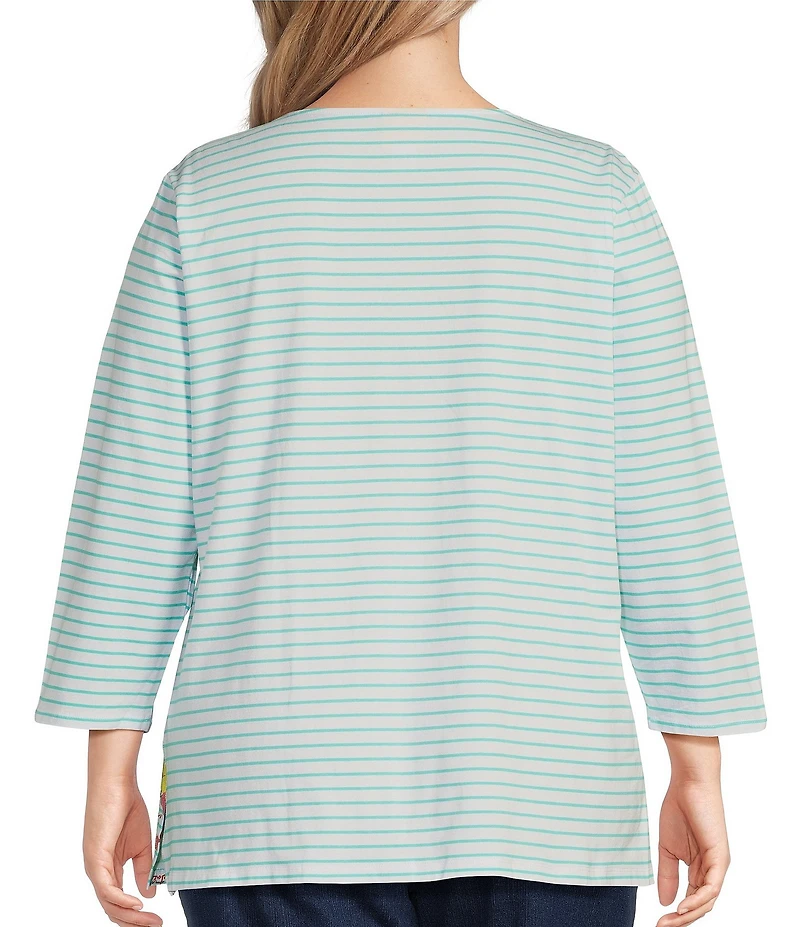 Ruby Rd. Plus Size Knit Floral Embroidered Split Neck 3/4 Sleeve Top