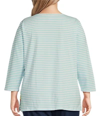 Ruby Rd. Plus Size Knit Floral Embroidered Split Neck 3/4 Sleeve Top