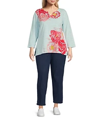 Ruby Rd. Plus Size Knit Floral Embroidered Split Neck 3/4 Sleeve Top
