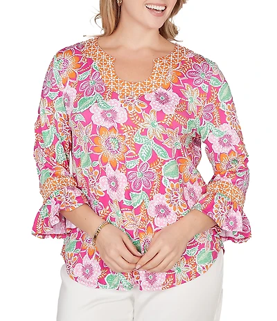 Ruby Rd. Plus Size Knit Floral Horseshoe Neck 3/4 Ruffle Trim Sleeve Top