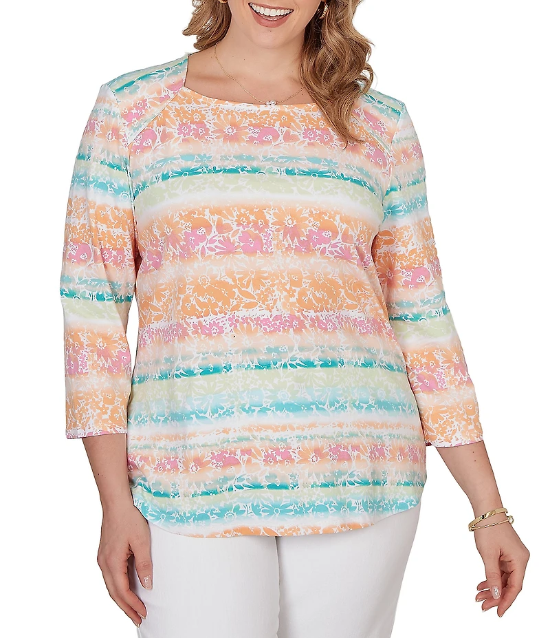 Ruby Rd. Plus Size Knit Floral Stripe Square Neck 3/4 Sleeve Top