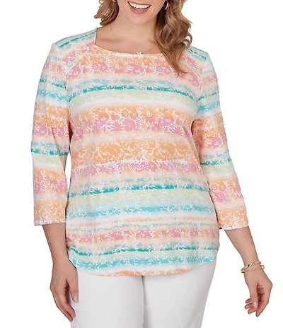 Ruby Rd. Plus Size Knit Floral Stripe Square Neck 3/4 Sleeve Top