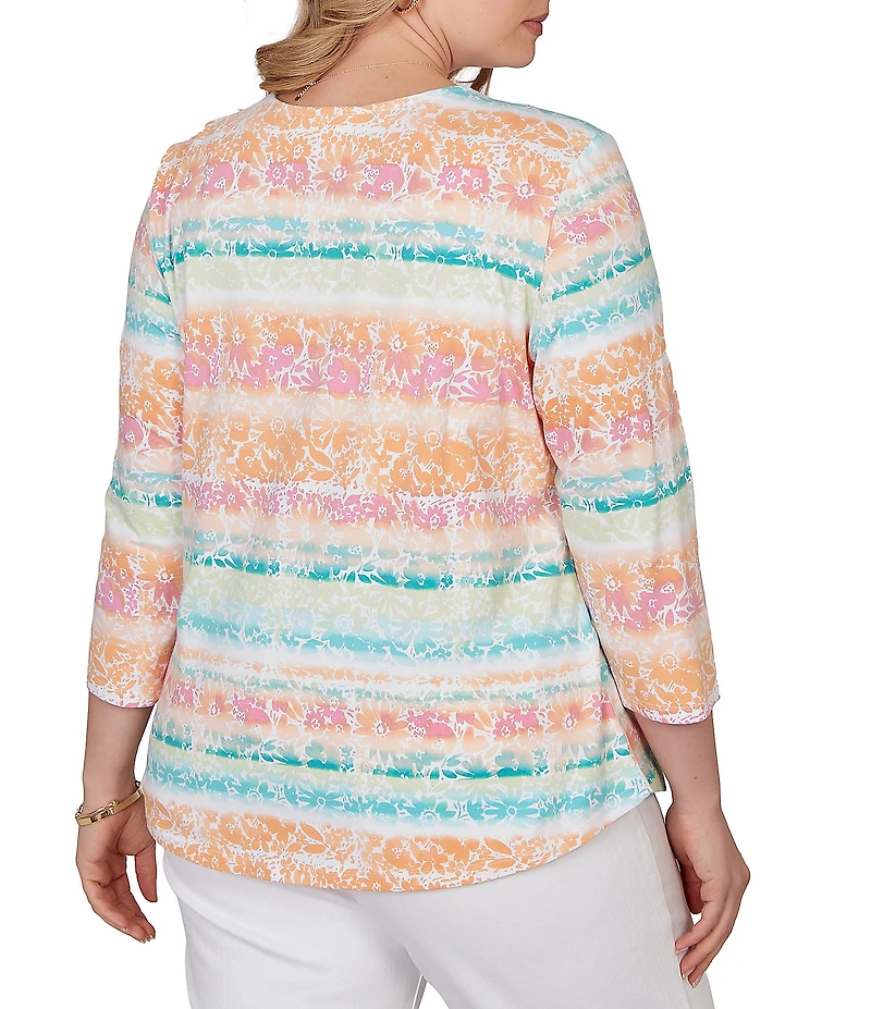 Ruby Rd. Plus Size Knit Floral Stripe Square Neck 3/4 Sleeve Top