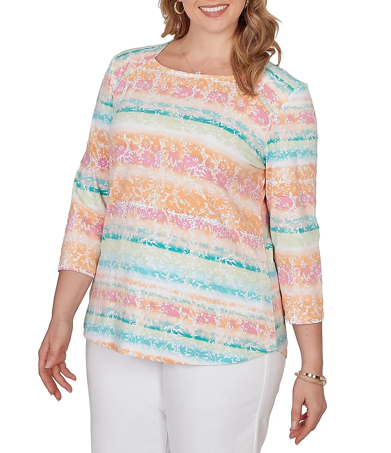 Ruby Rd. Plus Size Knit Floral Stripe Square Neck 3/4 Sleeve Top