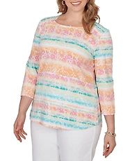 Ruby Rd. Plus Size Knit Floral Stripe Square Neck 3/4 Sleeve Top