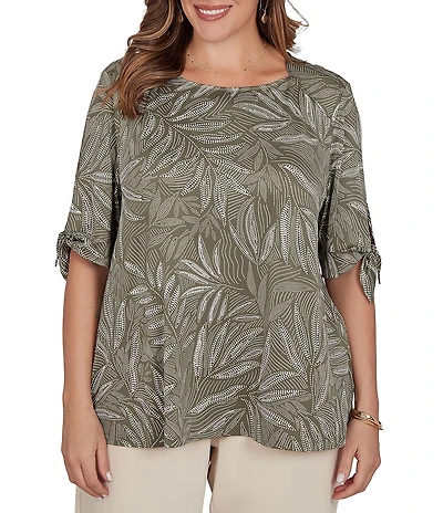 Ruby Rd. Plus Size Knit Fronds Puff Envelope Neckline Short Tie Sleeves Top