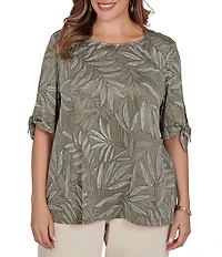 Ruby Rd. Plus Size Knit Fronds Puff Envelope Neckline Short Tie Sleeves Top