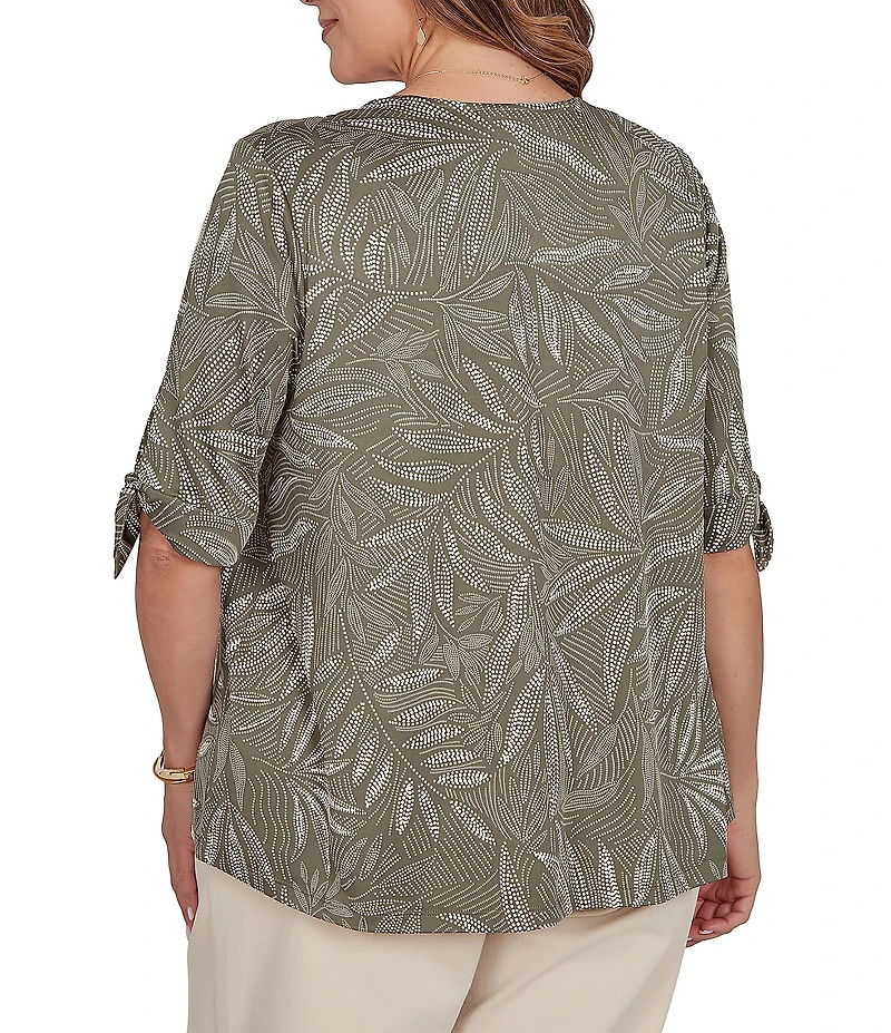 Ruby Rd. Plus Size Knit Fronds Puff Envelope Neckline Short Tie Sleeves Top