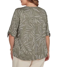 Ruby Rd. Plus Size Knit Fronds Puff Envelope Neckline Short Tie Sleeves Top