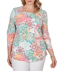 Ruby Rd. Plus Size Knit Medallion Floral Square Neck 3/4 Sleeve Top