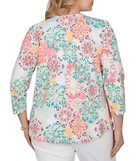 Ruby Rd. Plus Size Knit Medallion Floral Square Neck 3/4 Sleeve Top
