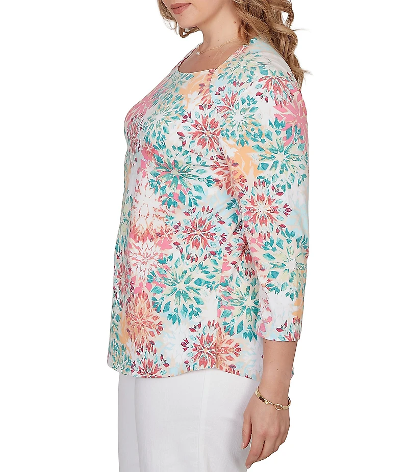 Ruby Rd. Plus Size Knit Medallion Floral Square Neck 3/4 Sleeve Top