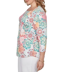 Ruby Rd. Plus Size Knit Medallion Floral Square Neck 3/4 Sleeve Top
