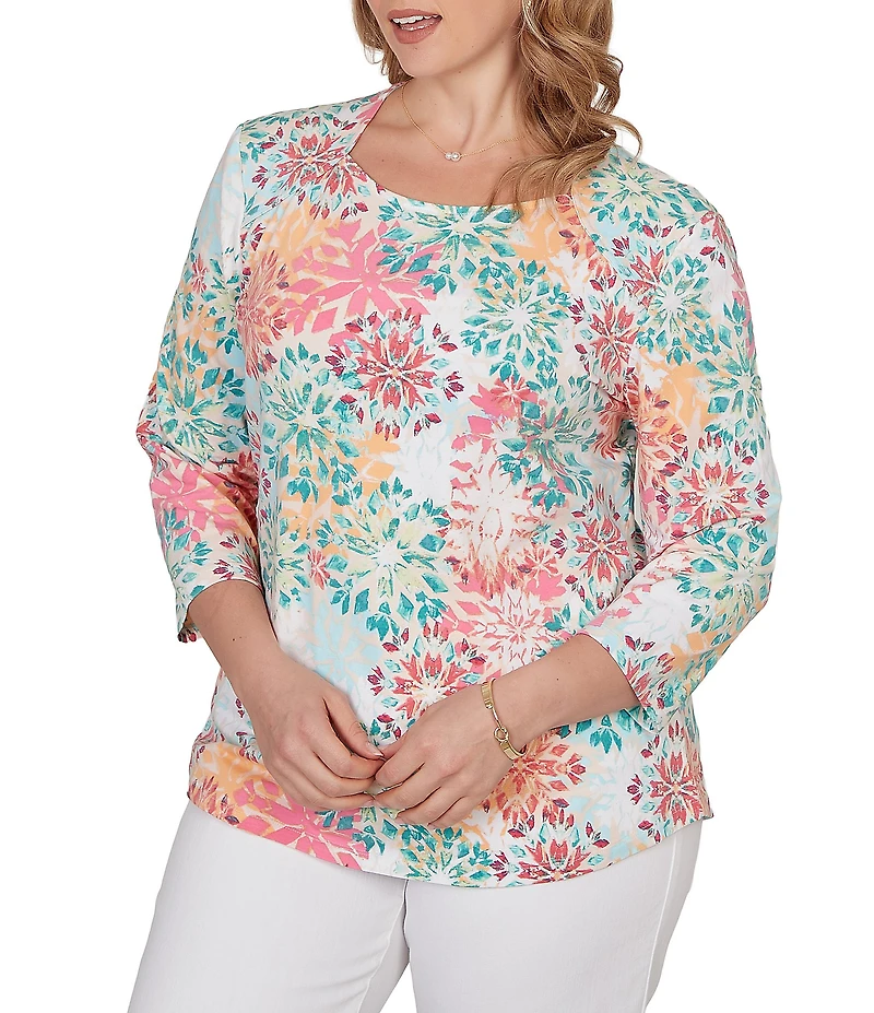 Ruby Rd. Plus Size Knit Medallion Floral Square Neck 3/4 Sleeve Top