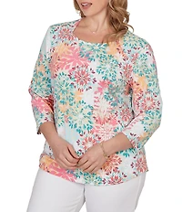 Ruby Rd. Plus Size Knit Medallion Floral Square Neck 3/4 Sleeve Top