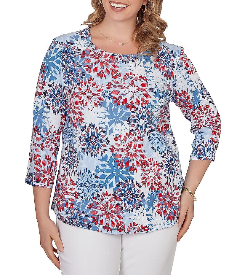 Ruby Rd. Plus Size Knit Medallion Floral Square Neck 3/4 Sleeve Top
