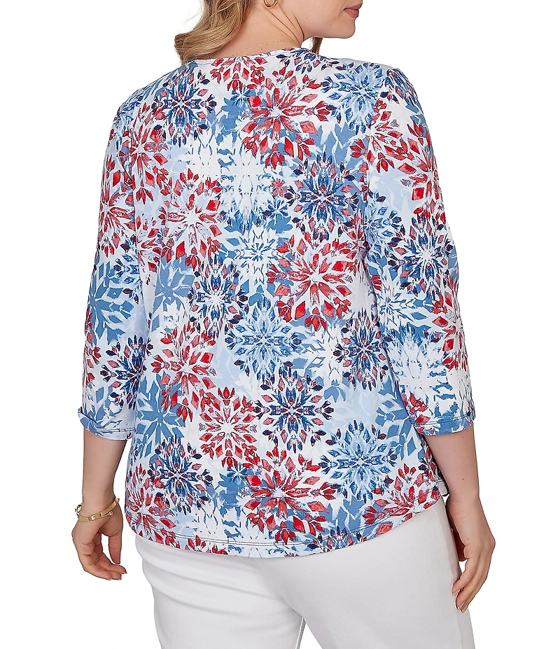 Ruby Rd. Plus Size Knit Medallion Floral Square Neck 3/4 Sleeve Top