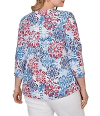 Ruby Rd. Plus Size Knit Medallion Floral Square Neck 3/4 Sleeve Top