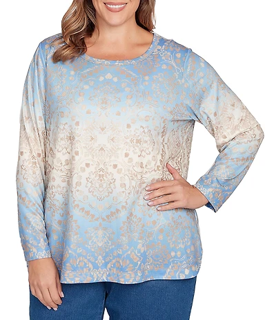 Ruby Rd. Plus Size Knit Medallion Scoop Neck Long Sleeve Top