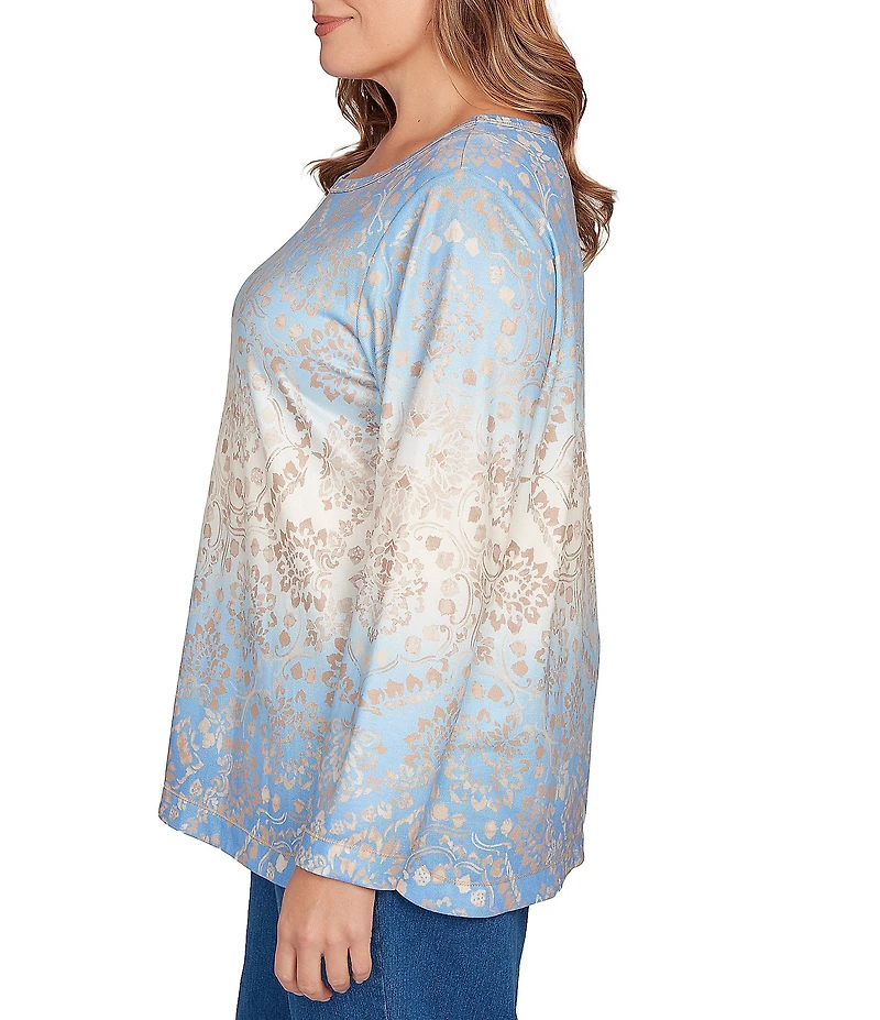 Ruby Rd. Plus Size Knit Medallion Scoop Neck Long Sleeve Top