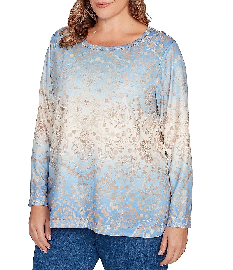 Ruby Rd. Plus Size Knit Medallion Scoop Neck Long Sleeve Top