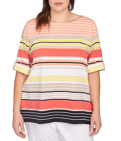Ruby Rd. Plus Size Knit Multi Stripe Boat Neck Short Roll-Tab Sleeve Top