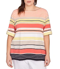 Ruby Rd. Plus Size Knit Multi Stripe Boat Neck Short Roll-Tab Sleeve Top