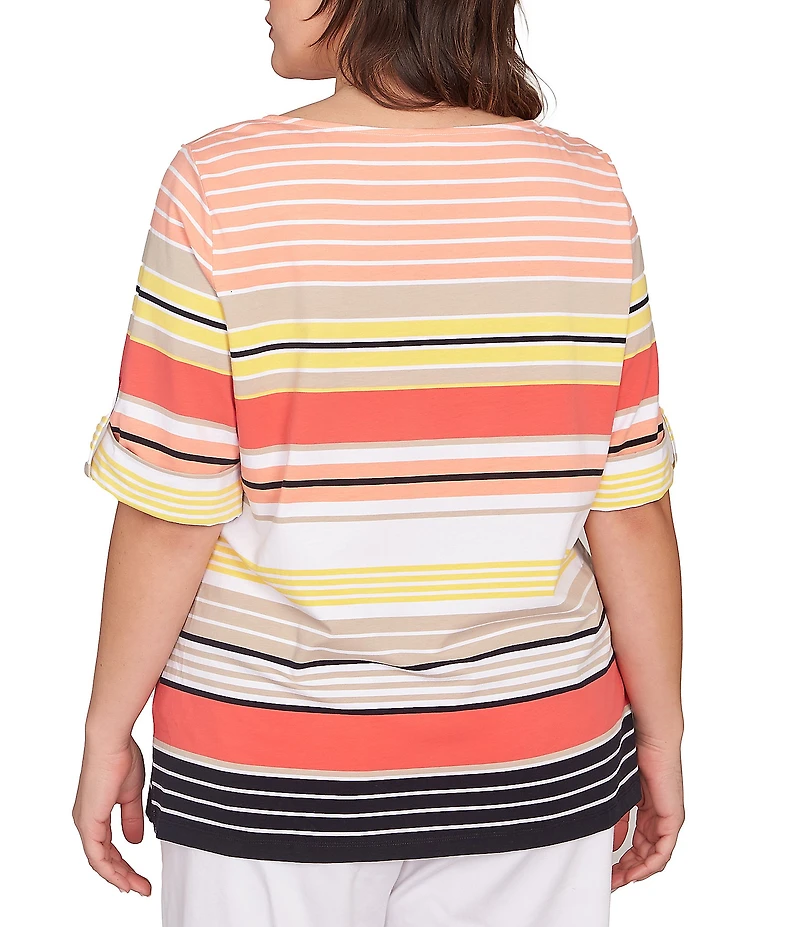 Ruby Rd. Plus Size Knit Multi Stripe Boat Neck Short Roll-Tab Sleeve Top