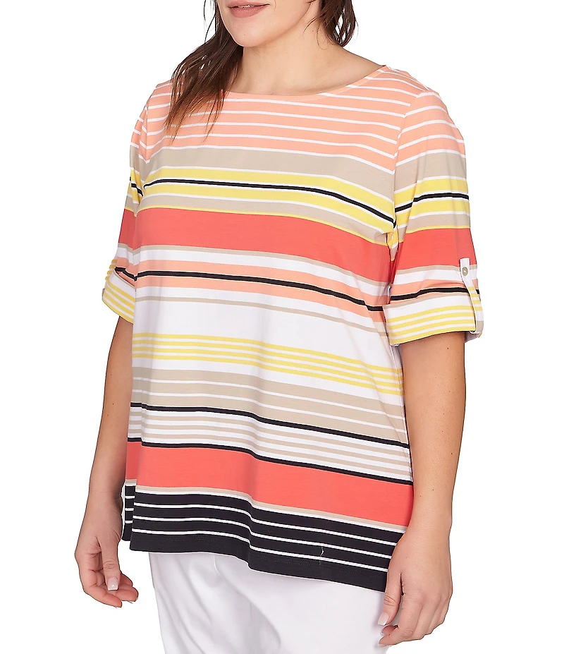 Ruby Rd. Plus Size Knit Multi Stripe Boat Neck Short Roll-Tab Sleeve Top