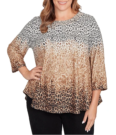 Ruby Rd. Plus Size Knit Ombre Animal Print Boat Neck 3/4 Sleeves Top