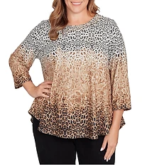 Ruby Rd. Plus Size Knit Ombre Animal Print Boat Neck 3/4 Sleeves Top