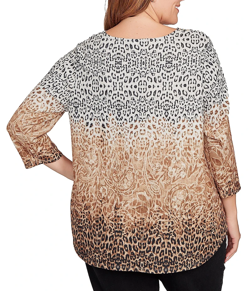 Ruby Rd. Plus Size Knit Ombre Animal Print Boat Neck 3/4 Sleeves Top