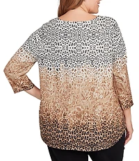 Ruby Rd. Plus Size Knit Ombre Animal Print Boat Neck 3/4 Sleeves Top