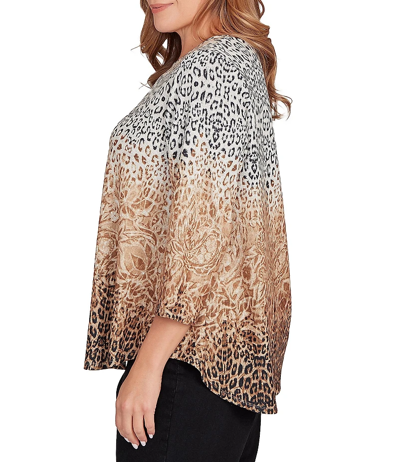 Ruby Rd. Plus Size Knit Ombre Animal Print Boat Neck 3/4 Sleeves Top