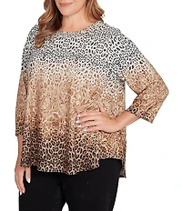 Ruby Rd. Plus Size Knit Ombre Animal Print Boat Neck 3/4 Sleeves Top