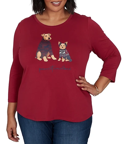 Ruby Rd. Plus Size Knit Pawsitive Charming Dogs Scoop Neck 3/4 Sleeve Top