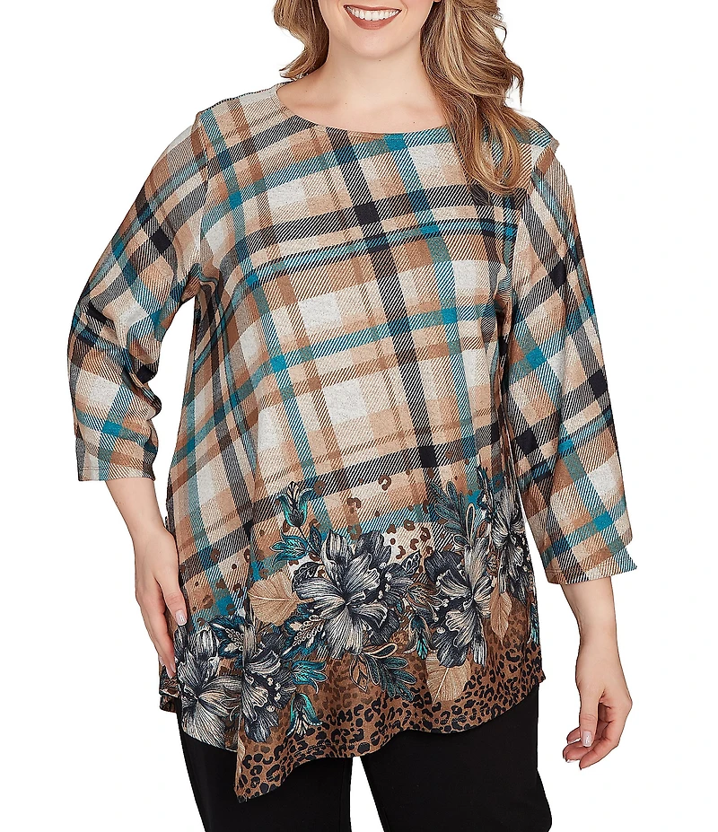 Ruby Rd. Plus Size Knit Plaid Floral Leopard Print Boat Neck 3/4 Sleeve Top