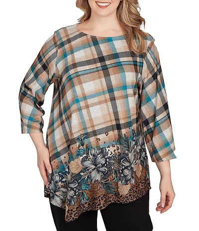 Ruby Rd. Plus Size Knit Plaid Floral Leopard Print Boat Neck 3/4 Sleeve Top