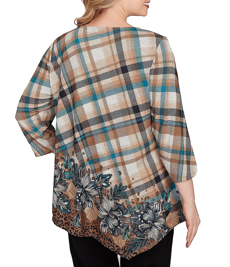 Ruby Rd. Plus Size Knit Plaid Floral Leopard Print Boat Neck 3/4 Sleeve Top