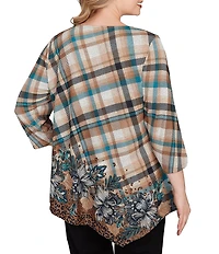 Ruby Rd. Plus Size Knit Plaid Floral Leopard Print Boat Neck 3/4 Sleeve Top