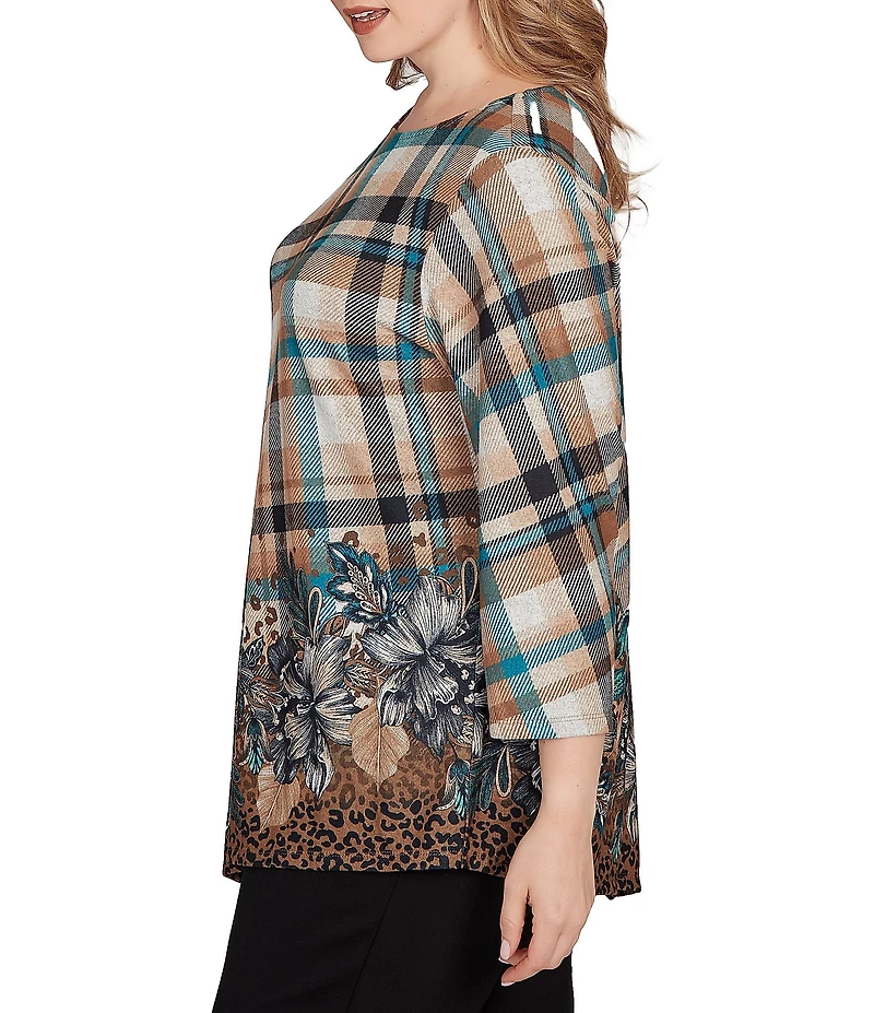 Ruby Rd. Plus Size Knit Plaid Floral Leopard Print Boat Neck 3/4 Sleeve Top