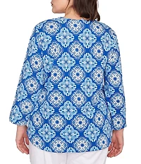 Ruby Rd. Plus Size Knit Printed Round Split V-Neck 3/4 Sleeve Top